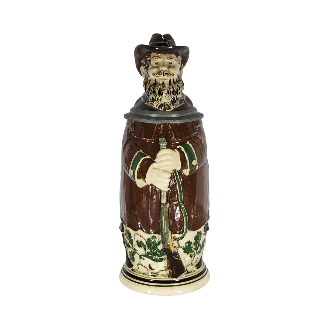 Jakob Reinemann Stein, German Character Beer Stein, The Hunter: 1/2 Liter pottery with pottery figural lid, circa late 1890's