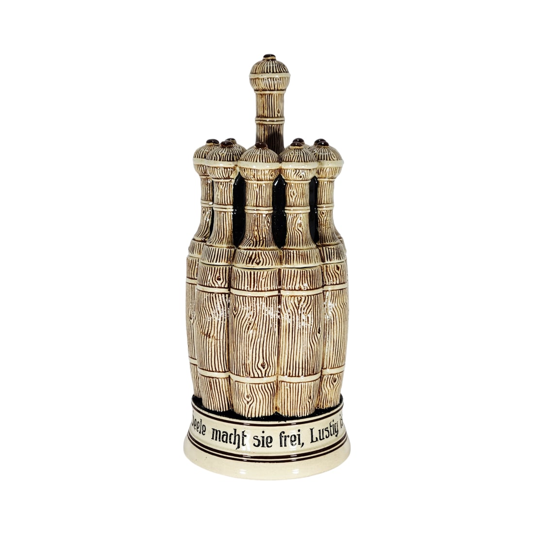 Matthias Girmscheid #1222, German Character Beer Stein, Bowling Pins: 1.0 Liter pottery with pottery figural lid, Text - Love and soul sets you free, bowling is a happy sport, circa early 1900