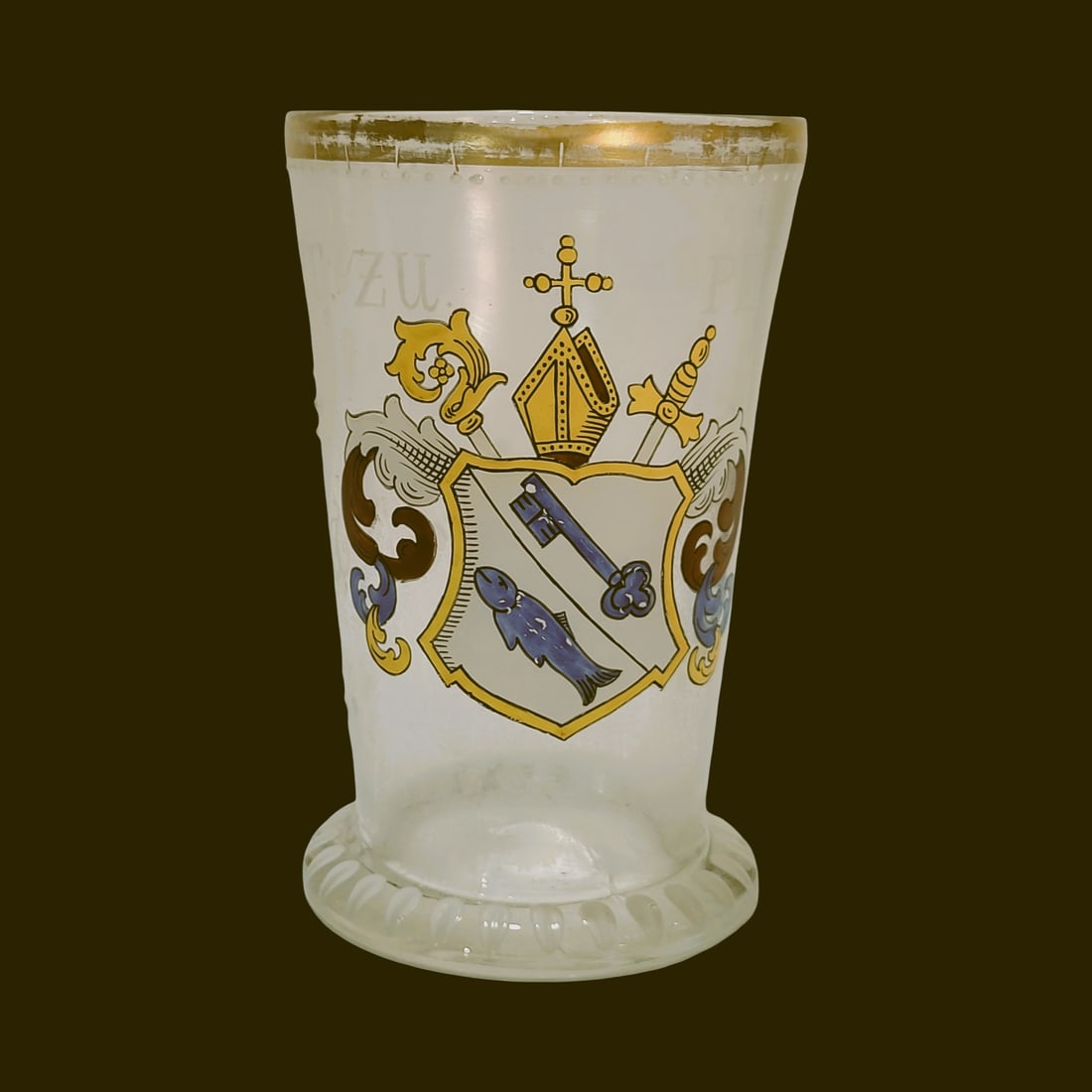 Fritz Heckert Wappenbeaker, Bohemian Glass Beaker, Abt. Zu. Peter Shausen, dated 1623: 4 5/8" Tall by 3" Wide blown grayish glass, hand enameled with flared base and white enameled vertical stripes, applied base with unpolished pontil signed FH, circa 1890's