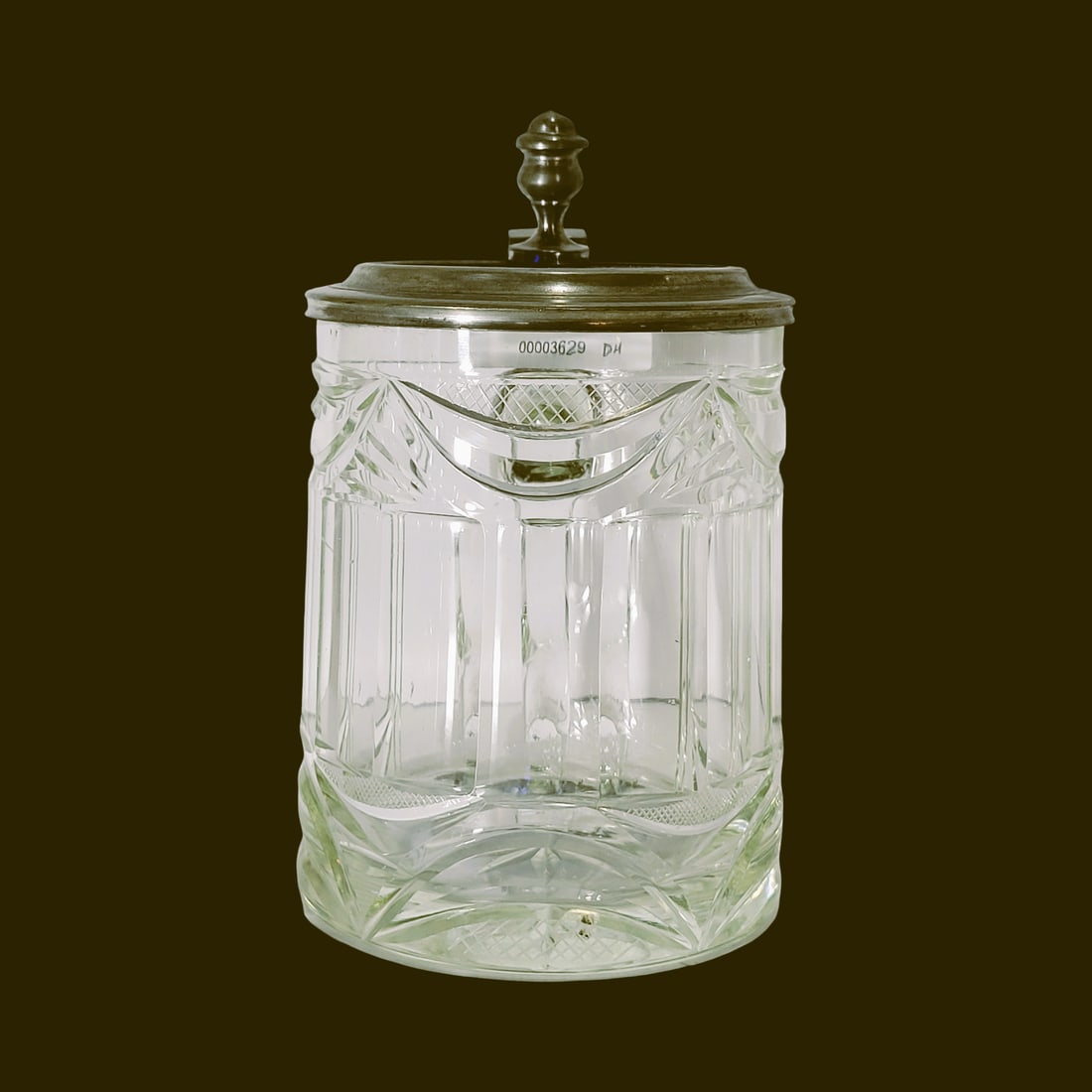 Glass Stein, German Beer Stein, Faceted Stein with Initialed Lid: 1/2 Liter blown colorless glass with a few impurities and faceted body, scalloped wheel cut drapery with fine diamond cuts, base is star cut and the inlay lid is made of cobalt colored glass with reve