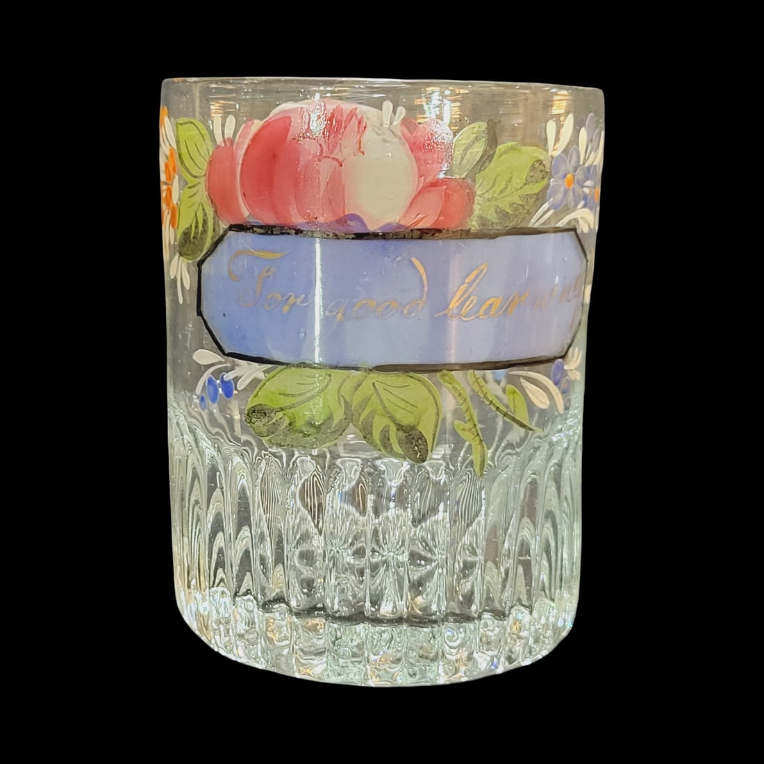 Drinking Glass, German Beer Glass, Enameled Glass: 3 5/8" Tall by 2 7/8" Wide blown clear colorless glass with impurities, hand enameled with star pattern on base and pontil, circa 1890's