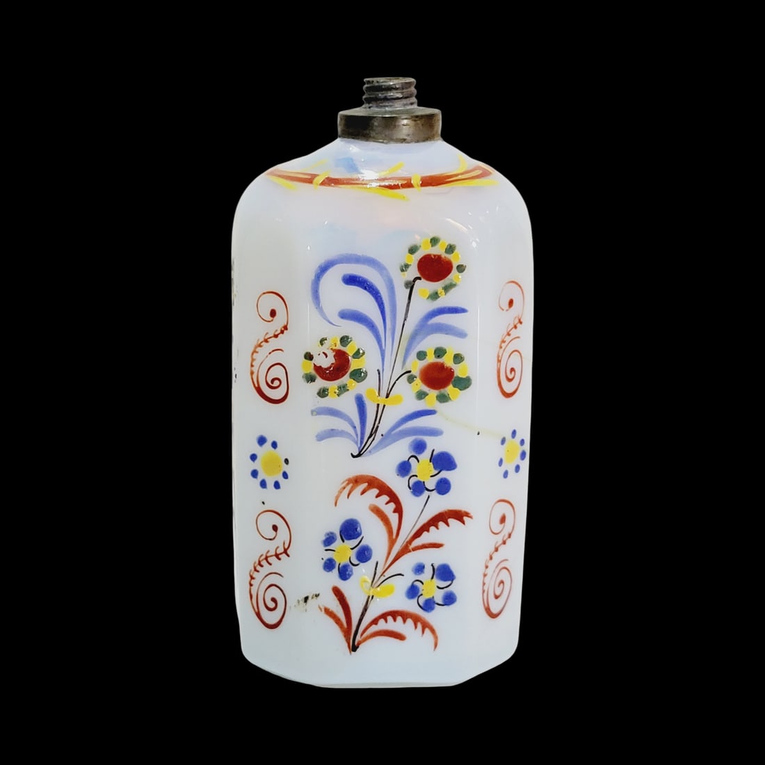 Southern German Schnapsflasche, German Liquor Bottle, Enameled Flask, Steigle Type: 5 1/8" Tall by 1 7/8" Wide blown opalescent milk glass, colorful hand enameled, rectangle body with beveled flora led corners pontil on base with pewter fitting, circa 1700's