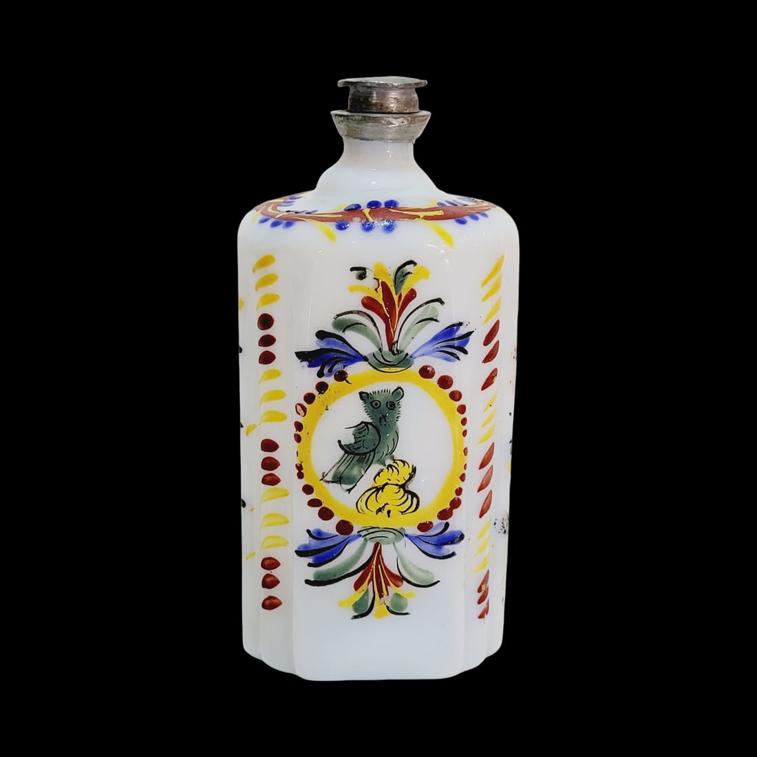 Southern German Schnapsflasche, German Liquor Bottle, Enameled Flask with Owl, Steigle Type (1 of 8)
