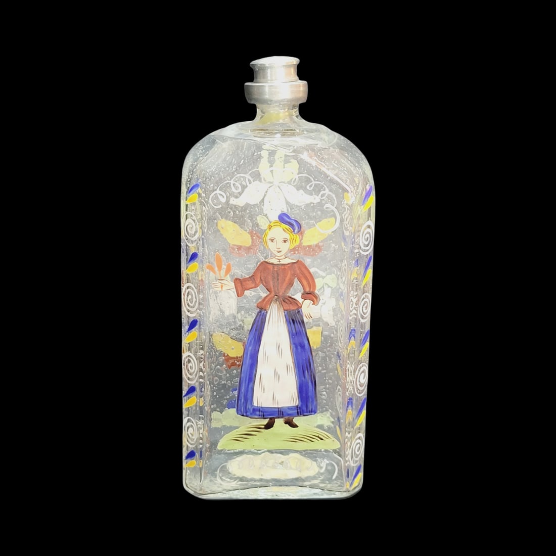Southern German Schnapsflasche, German Liquor Bottle, Enameled Flask with Maiden, Steigle Type (1 of 9)