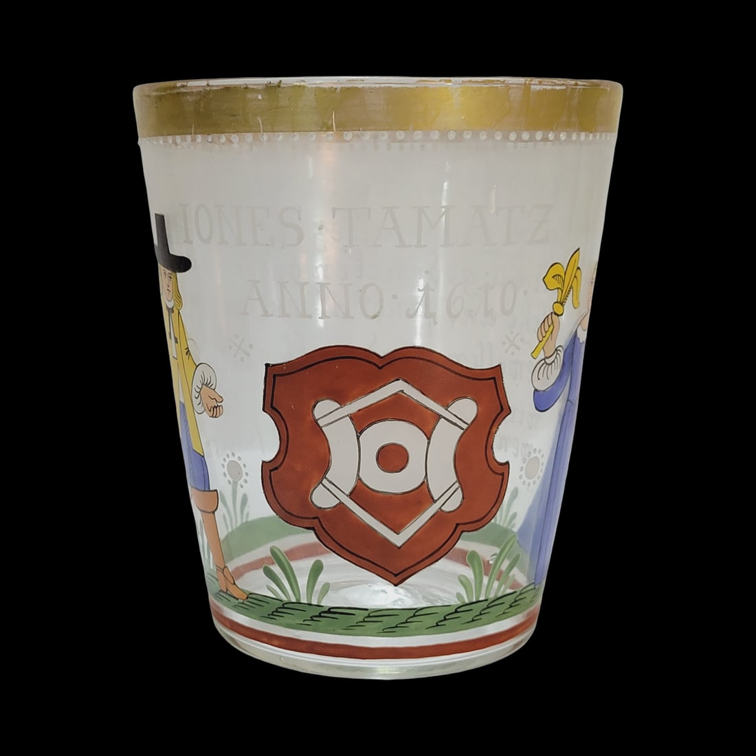 Fritz Heckert Type Beaker, German Beaker, Primitive German Couple with Saying, Dated 1610: 5 1/4" Tall by 4 1/2" Wide blown clear colorless glass with tiny bubbles and hand enameling, base with partial pontil, circa 1880's