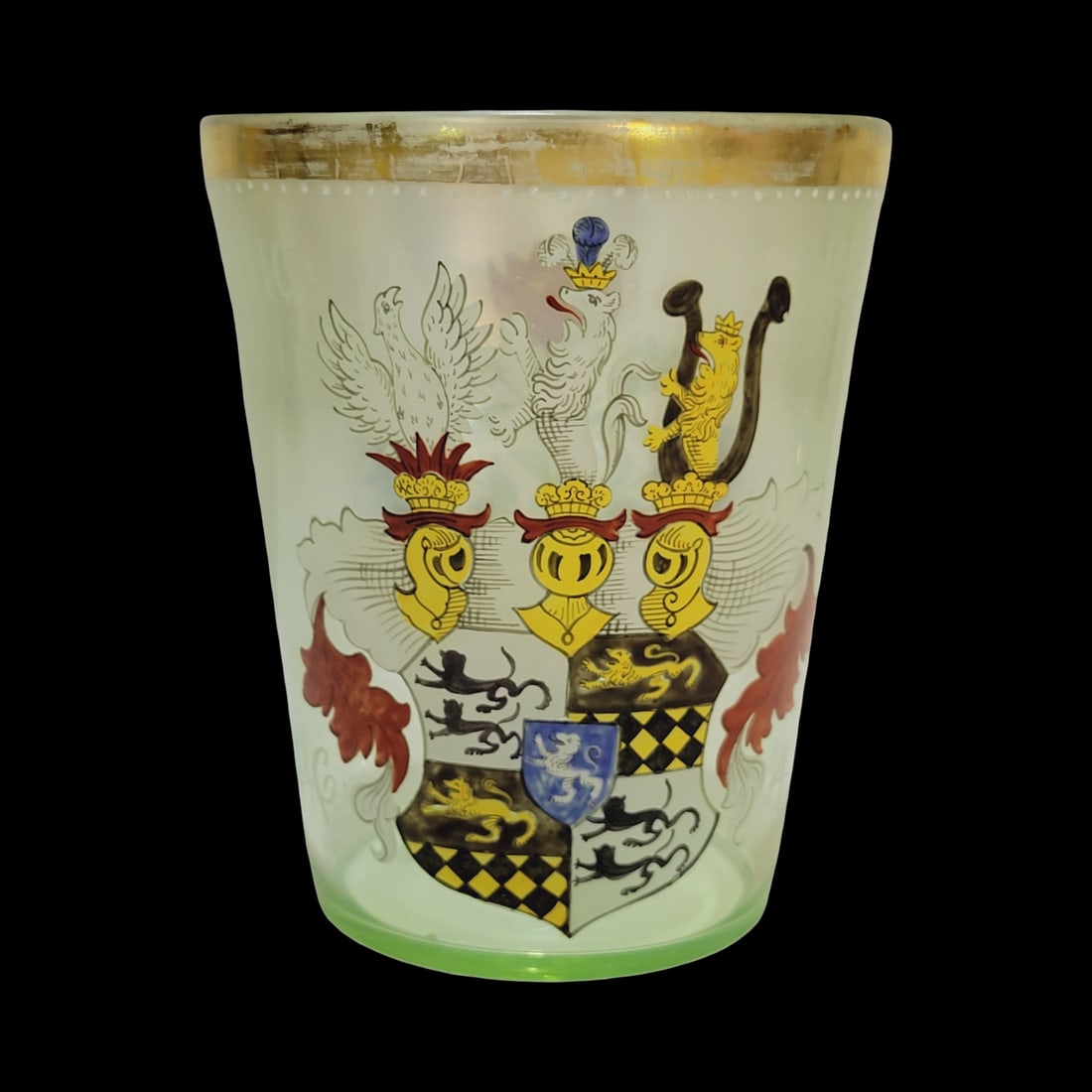 Fritz Heckert Beaker Wappenbeaker, German Beaker, Armorial Shield of Hohenlohe-Neuenstein and: 5 1/2" Tall by 4 5/8" Wide blown light green glass with impurities, hand enameled with gold gilding above a horizontal row of white dots, very colorful armorial crest, nice kicked in base with pontil,