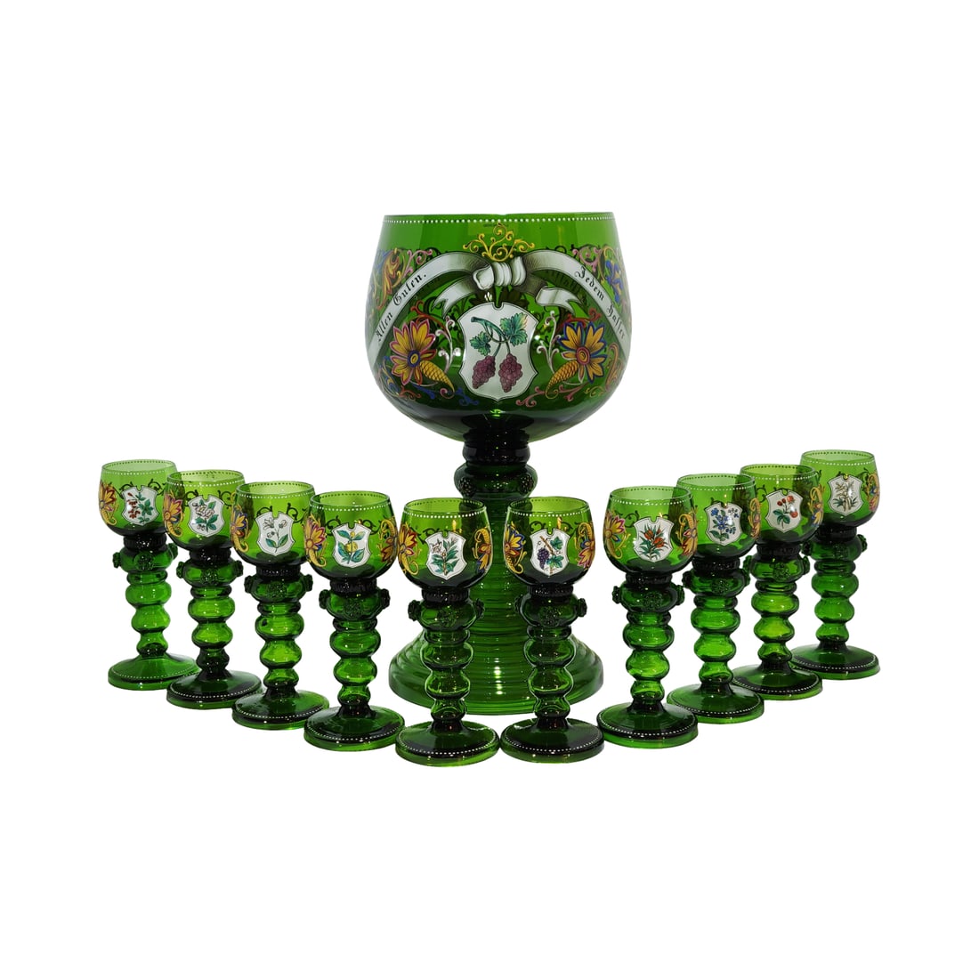 Glass Punch Bowl, Bohemian Bowl Set, Roemer Style Punch Bowl Set: 15 1/2" Tall by 4 1/4" Wide blown green glass with applied prunts and fantastic colorful enameling, with 10 blown green enameled goblets each with a picture of flower or fruit, rare uncommon set, prob
