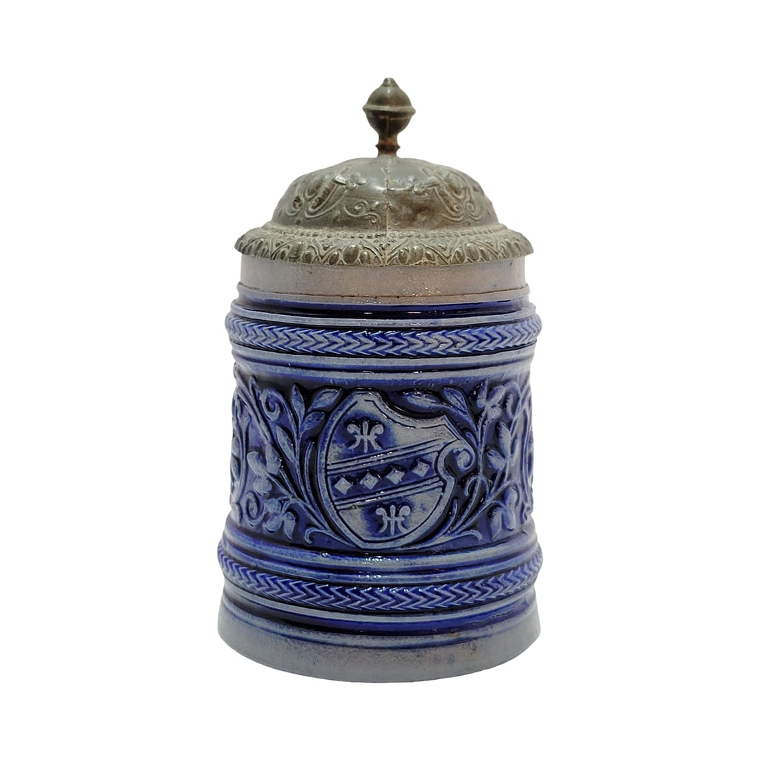 Marzi & Remy #946, German Beer Stein, Miniature with Shield: 1/16 Liter stoneware in relief with pewter lid, circa late 1890's