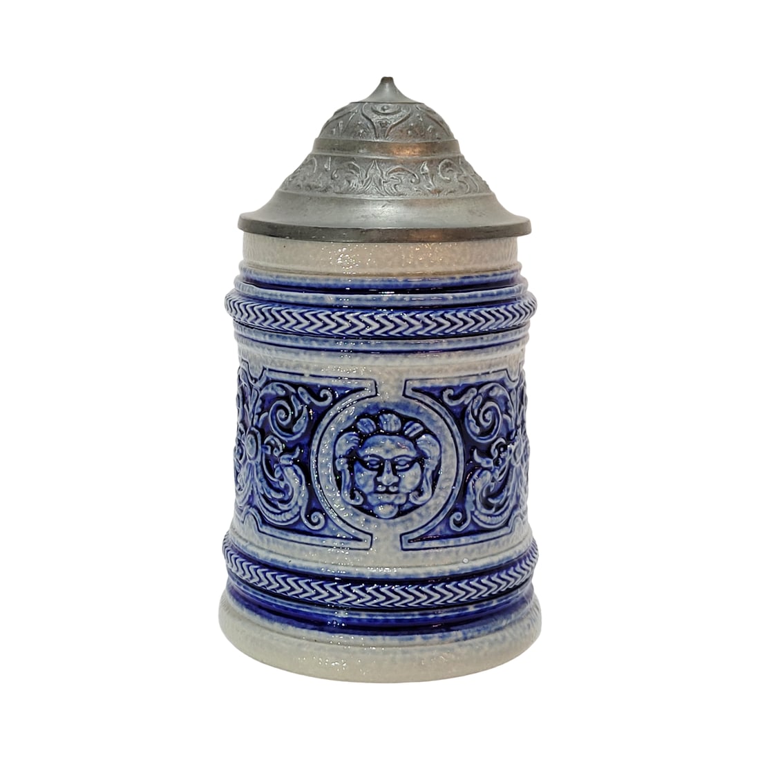 Marzi & Remy #953, German Beer Stein, Miniature with Grotesques: 1/16 Liter stoneware in relief with pewter lid, circa late 1890's