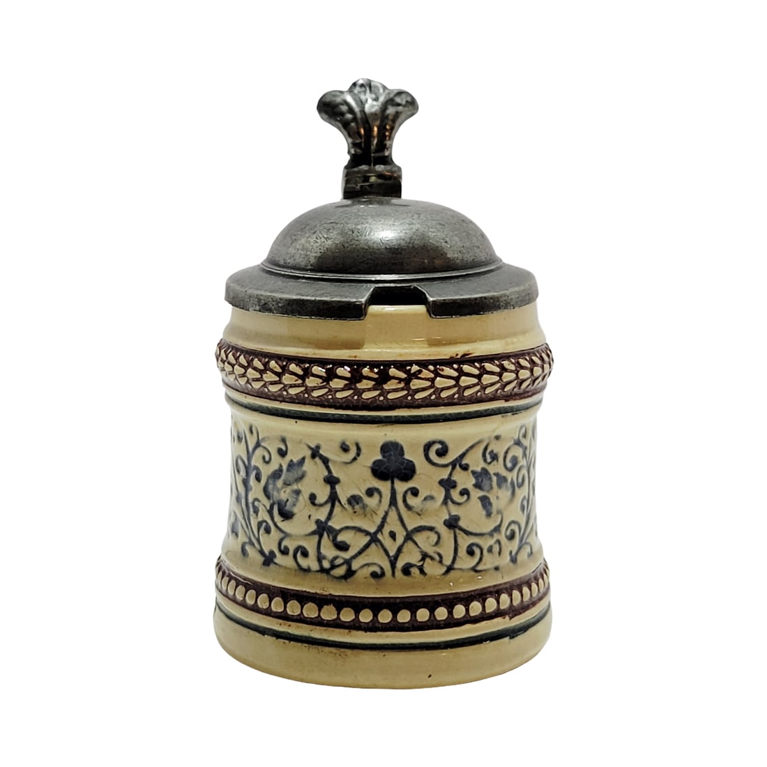 Reinhold Merkelbach Mustard Jar, German Mustard Jar, Mosaic Design Jar: 1/32 Liter pottery with pewter lid, circa 1880's