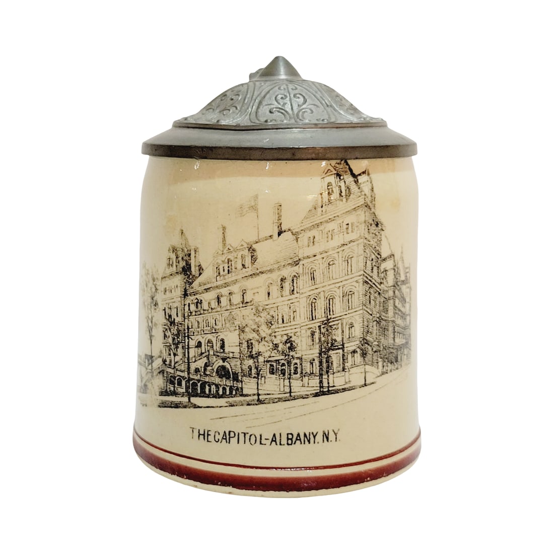 Pottery Stein, German Beer Stein, The Capital - Albany, NY: 1/16 Liter pottery transfer under glaze with pewter lid, circa early 1900's