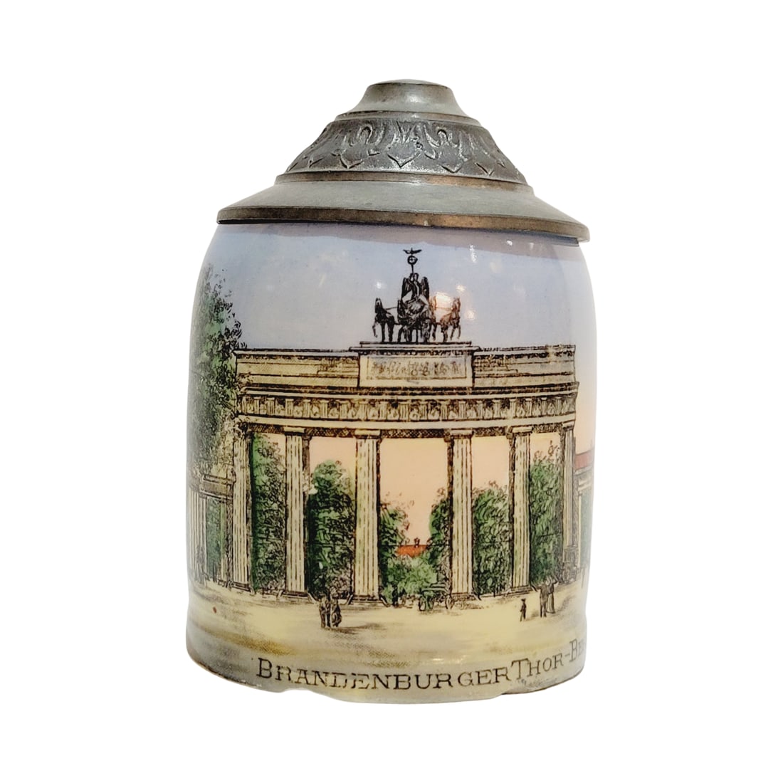 Pottery Stein, German Beer Stein, Brandenburger Thor - Berlin: 1/16 Liter pottery transfer under glaze with pewter lid, circa early 1900's