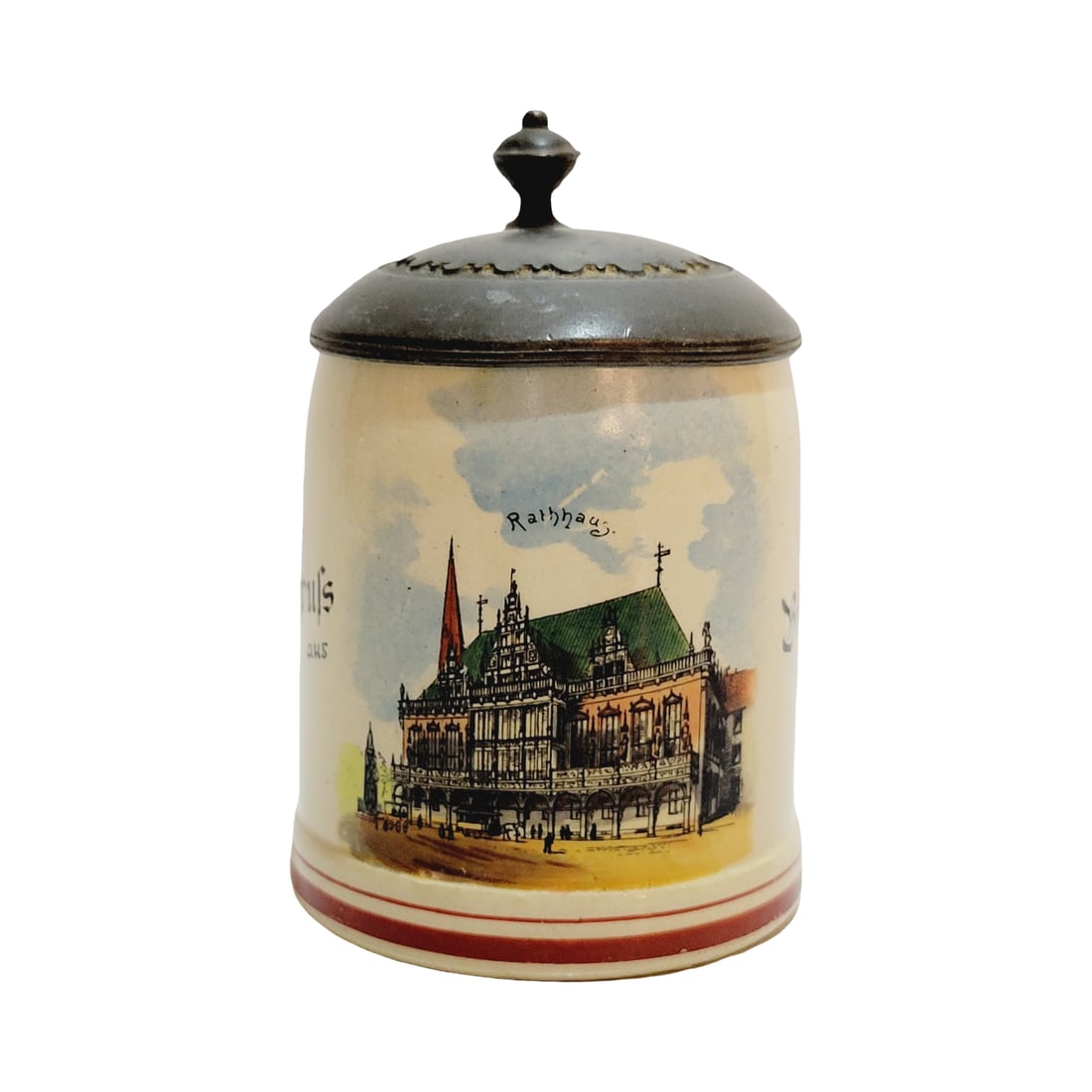 Pottery Stein, German Beer Stein, Grus aus Bremen: 1/8 Liter pottery transfer under glaze with pewter lid, circa early 1900's
