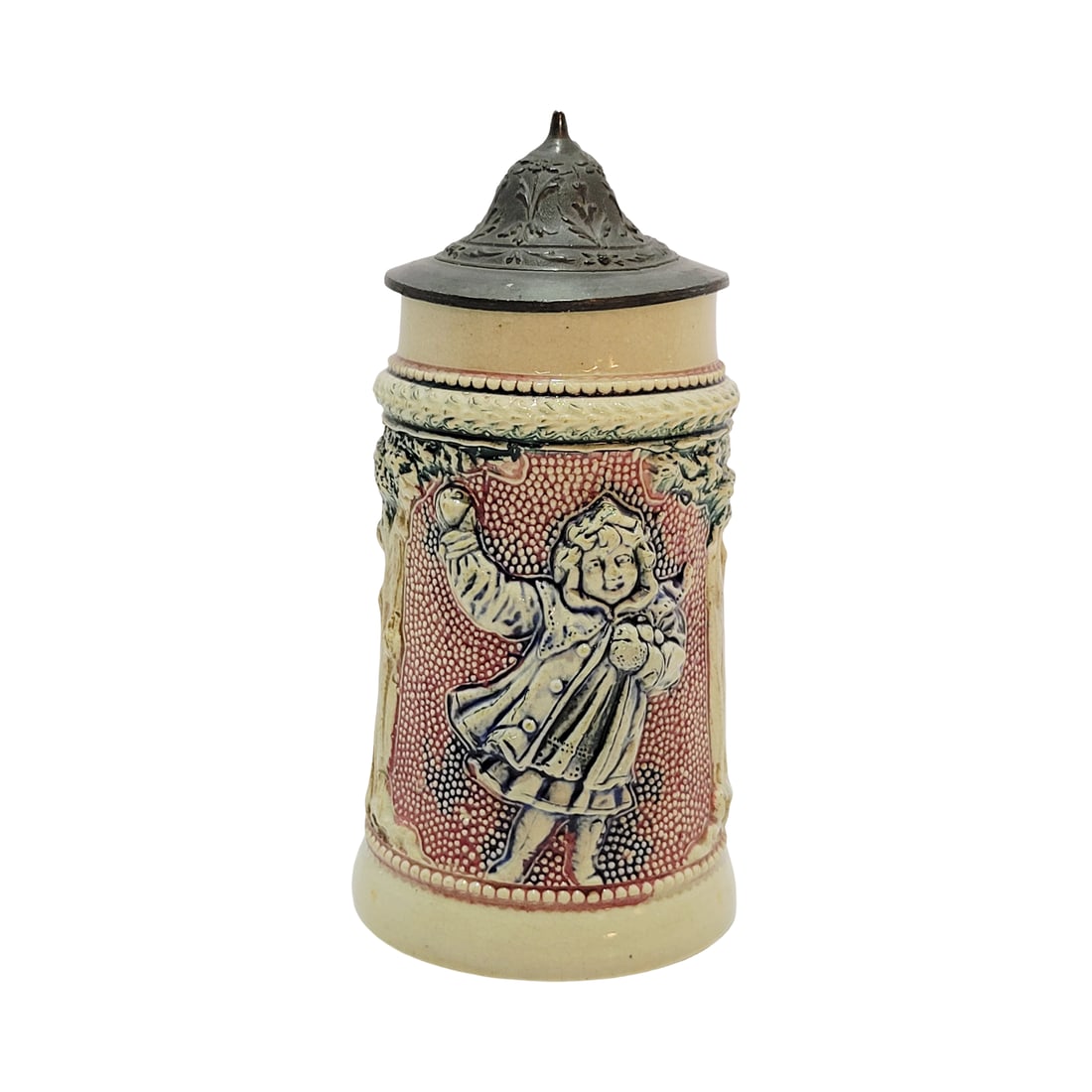 Adolf Diesinger Stein, German Beer Stein, Girl with Apple: 1/8 Liter pottery in raised relief with pewter lid, Text - As a sign that I was thinking of you, I brought this with me for you, circa early 1900