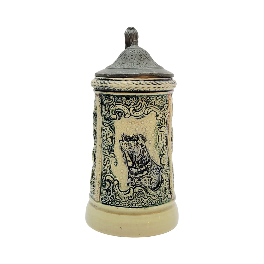 Adolf Diesinger Stein, German Beer Stein, Dog with Stick: 1/8 Liter pottery in raised relief green version with pewter lid, Text - Hops and malt. May God preserve them, circa early 1900
