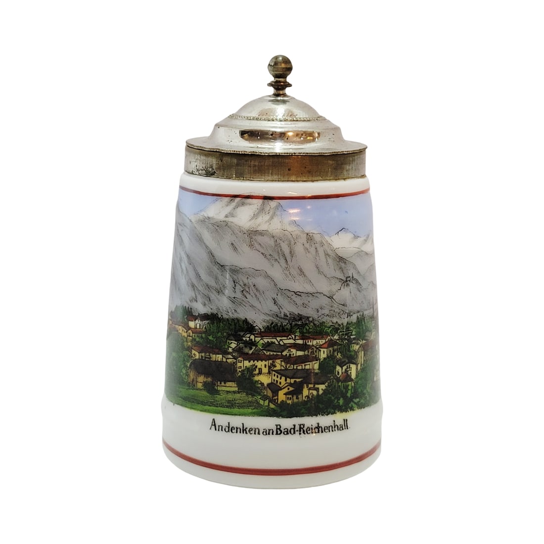 Porcelain Stein, German Souvenir Beer Stein, Andenken an Bad-Reichenhall: 1/8 Liter porcelain transfer over glaze with pewter lid, circa early 1900