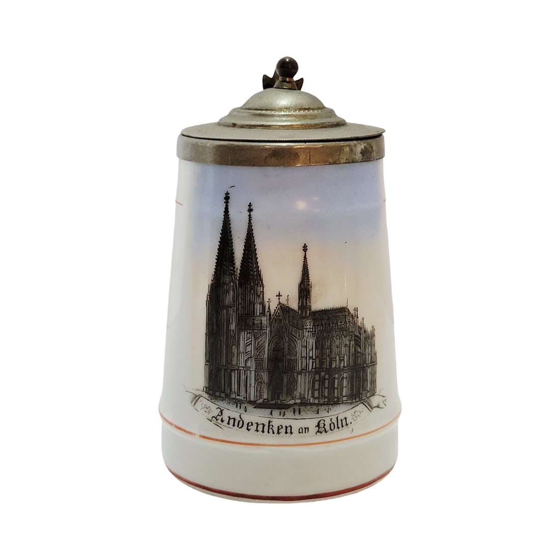 Porcelain Stein, German Souvenir Beer Stein, Andenken an Koln: 1/8 Liter porcelain transfer over glaze with pewter lid, circa early 1900