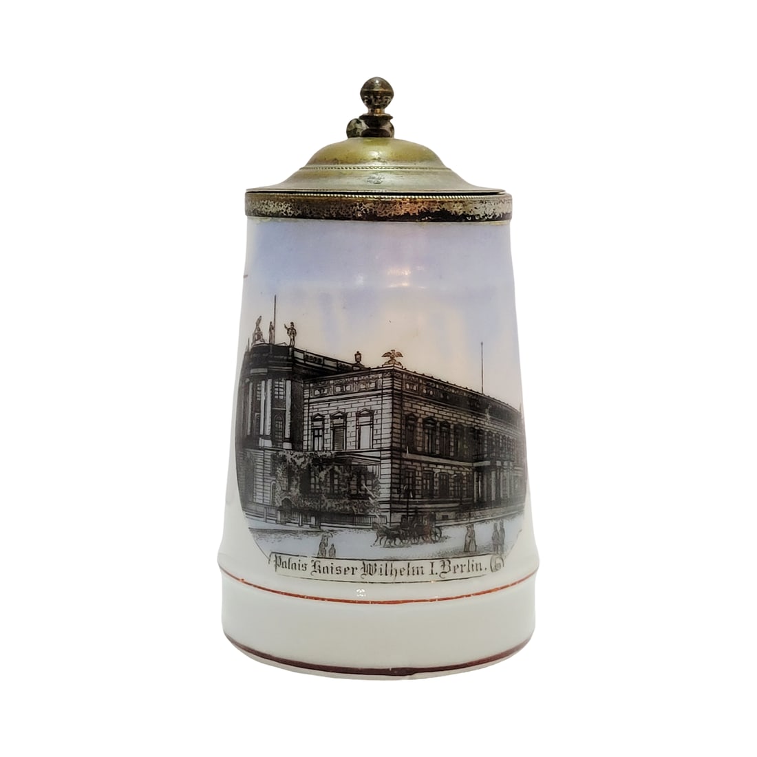 Porcelain Stein, German Souvenir Beer Stein, Palais Kaiser Wilhelm I. Berlin: 1/8 Liter porcelain transfer over glaze with pewter lid, circa early 1900