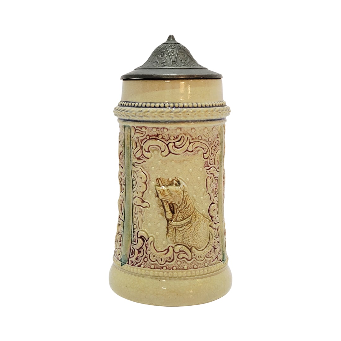 Adolf Diesinger Stein, German Beer Stein, Dog with Stick: 1/8 Liter pottery in raised relief red version with pewter lid, Text - Drink from it for a long time, and remember me, circa early 1900