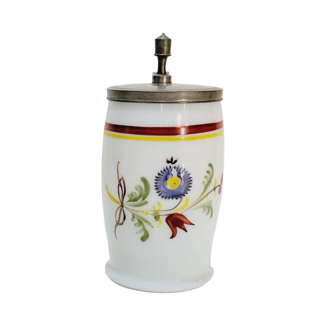 Milk Glass Stein, German Beer Stein, Floral Stein: 1/4 Liter blown milk glass, hand enameled in colorful florals with pewter lid, slight flared base with pontil, circa mid 1700's