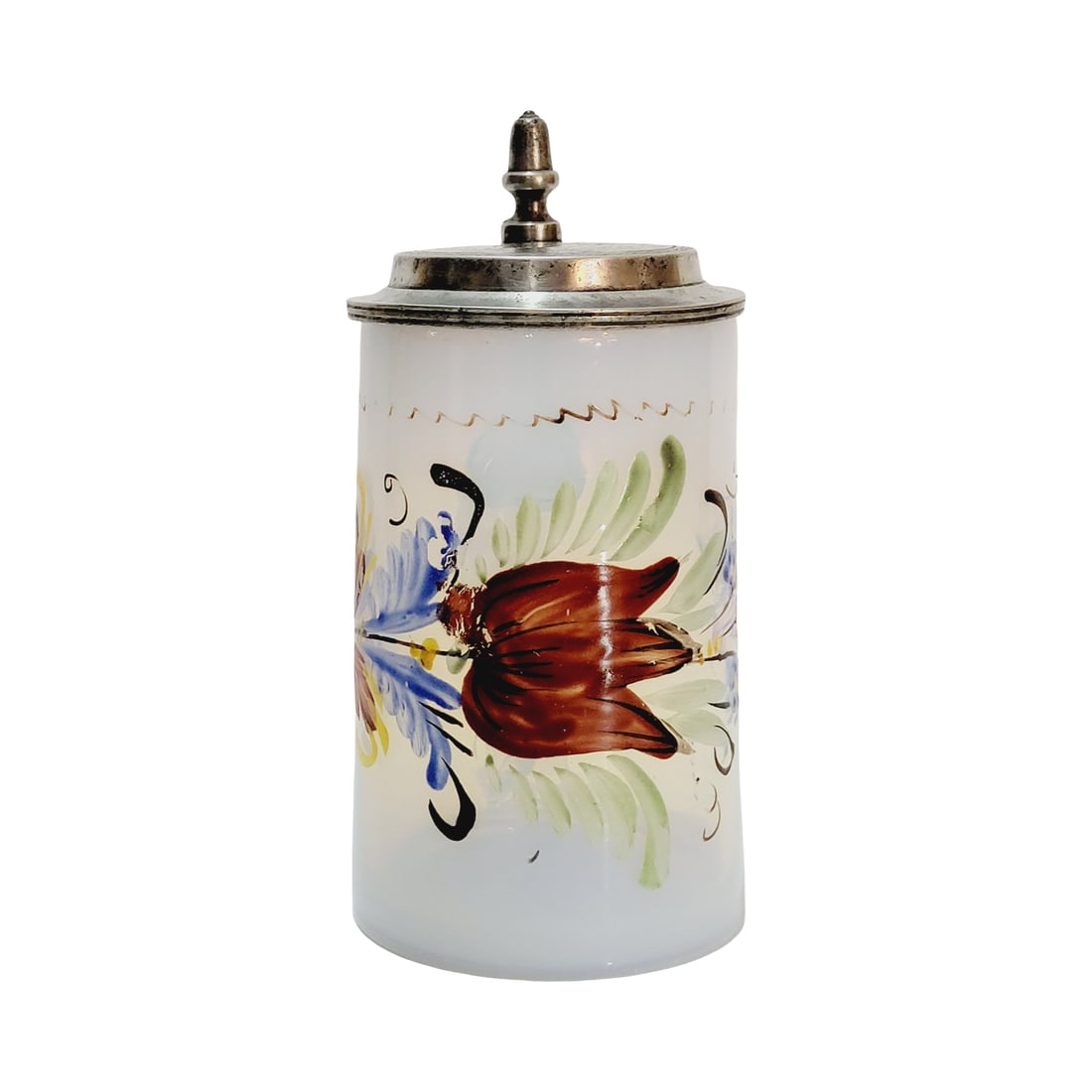Opaque Milk Glass Stein, German Beer Stein, Floral Stein: 1/4 Liter blown opaque milk glass, hand enameled in colorful florals with pewter lid, kicked in base with pontil, circa mid 1700's