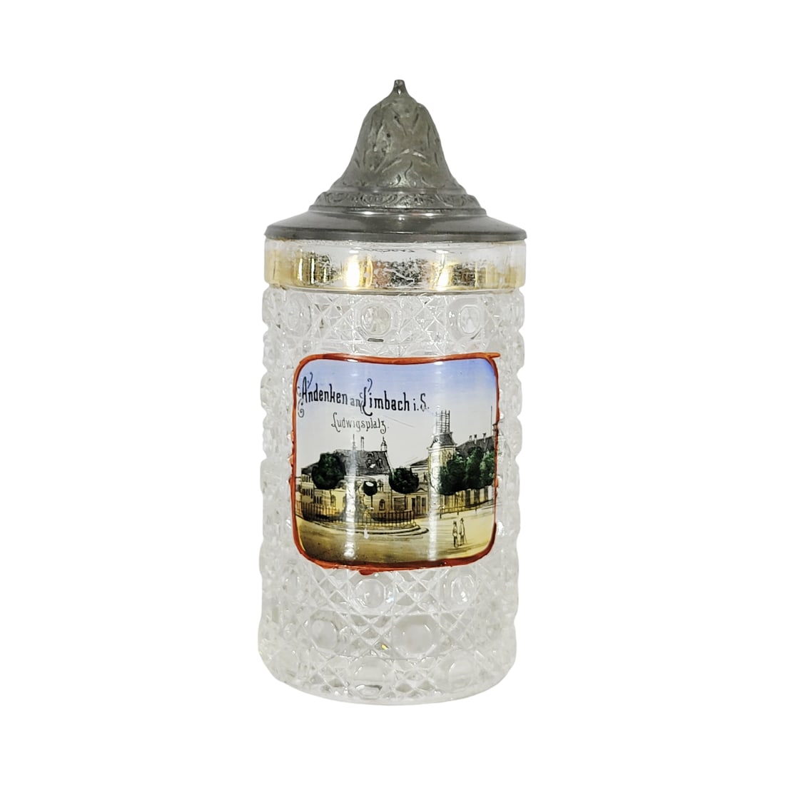 Glass Stein, German Souvenir Beer Stein, Andenken an Limbach i.S. Ludwigspalz: 1/8 Liter mold blown brilliant cut clear colorless glass, hand enameled with pewter lid, circa early 1900's