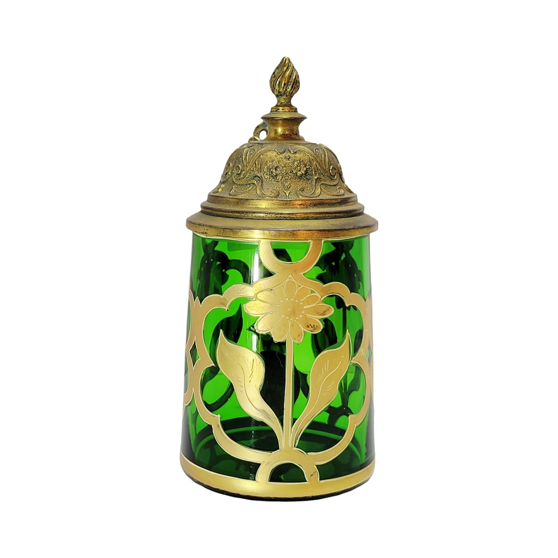 Glass Stein, German Character Beer Stein, Art Deco Florals: 1/4 Liter blown green glass with hand enameled gold gilding with pewter lid, circa early 1900