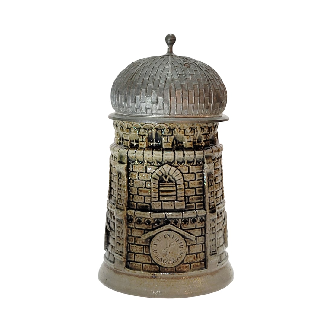 Merkelbach & Wick Stein, German Character Stein, Frauenkirche Tower: 1/4 Liter stoneware in relief cobalt and manganese salt glaze with pewter figural lid, circa early 1900