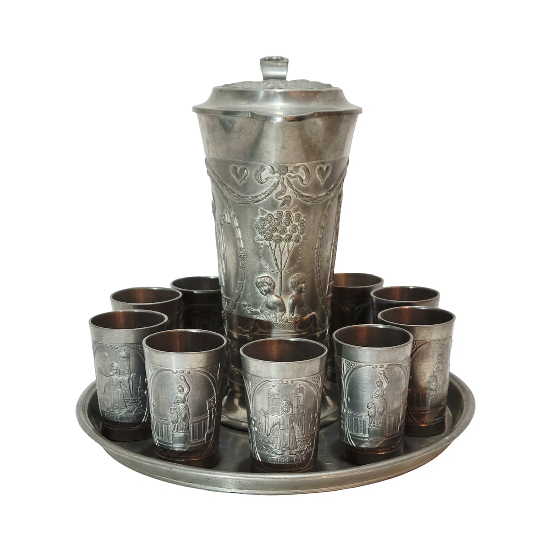 Pewter Set, German Pewter Beer Stein Set, Munich Pewter Stein Set: 3/10 Liter pewter in relief with nice pewter lid, pewter tray which holds 9 pewter shot cups, all show sights around Munich, Text - Art and beer are available everywhere, nice little set, circa mid 19