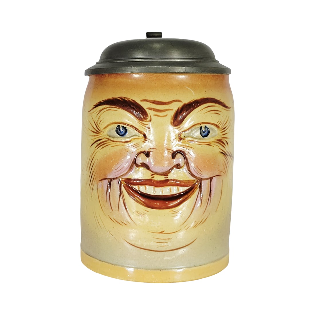 Simon Peter Gerz Stein #1231, German Character Stein, Smiling Face: 1/4 Liter pottery in relief hand painted with pewter lid, circa early 1900
