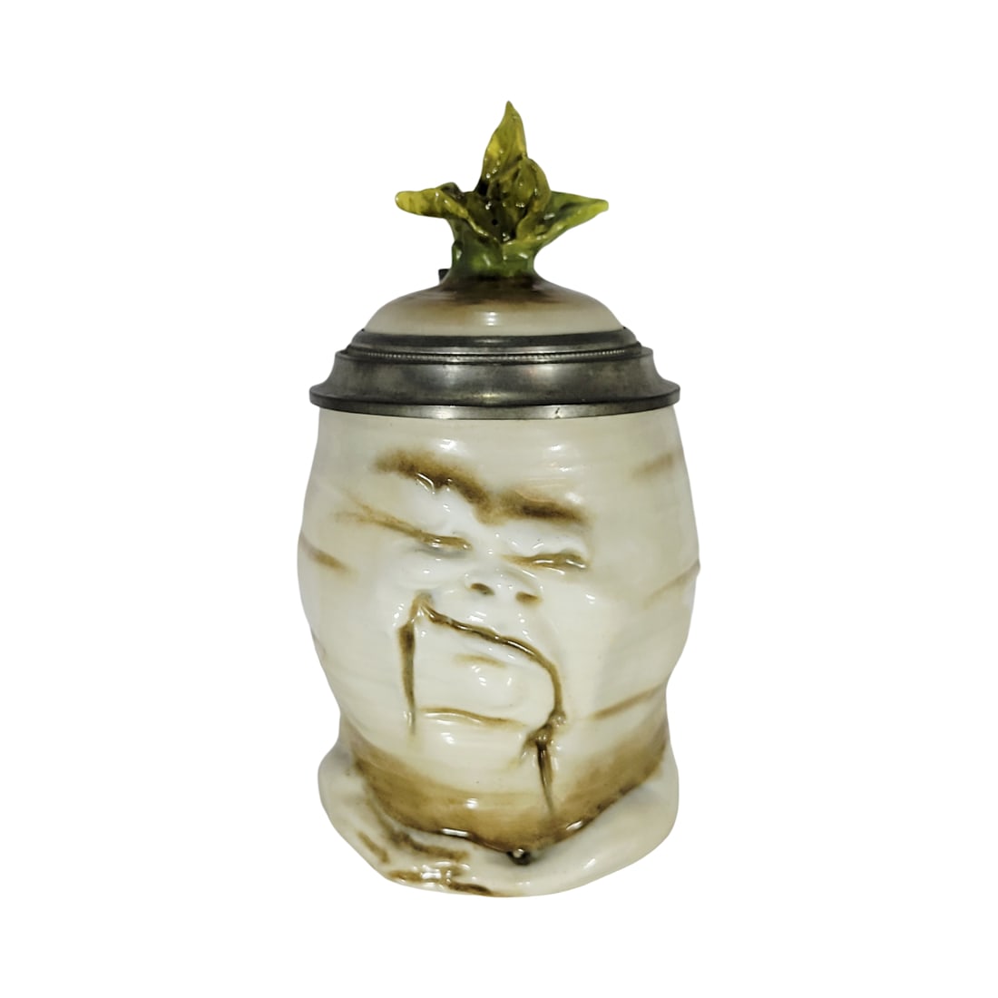 Schierholz & Sohn Stein #8, German Character Beer Stein, Sad Radish: 0.3 Liter porcelain in honey tone with porcelain figural lid, circa 1890's