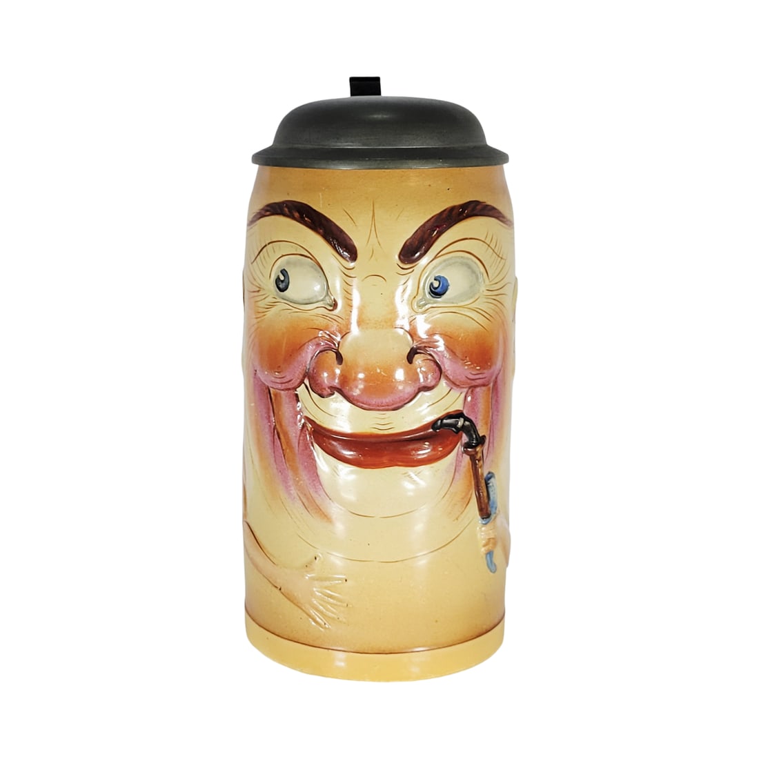 Simon Peter Gerz Stein #1223, German Character Stein, Smoker with Pipe: 1.0 Liter pottery in relief hand painted with pewter lid, circa early 1900