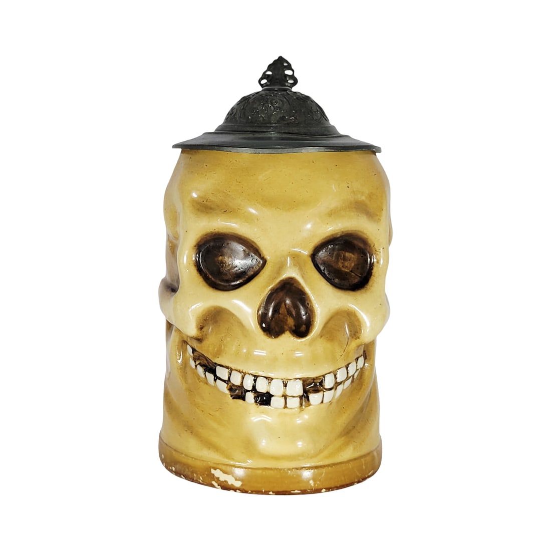 Reinhold Hanke Stein #1423, German Character Stein, Skull: 1/2 Liter pottery in relief hand painted with pewter lid, circa early 1900