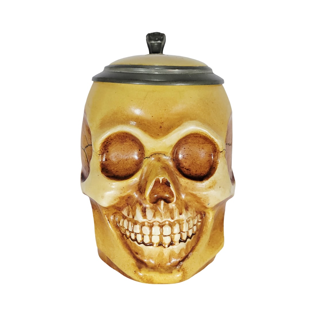 Marzi & Remy Stein #1796, German Character Beer Stein, Skull: 1/2 Liter pottery in relief hand painted with pewter lid, circa early 1900