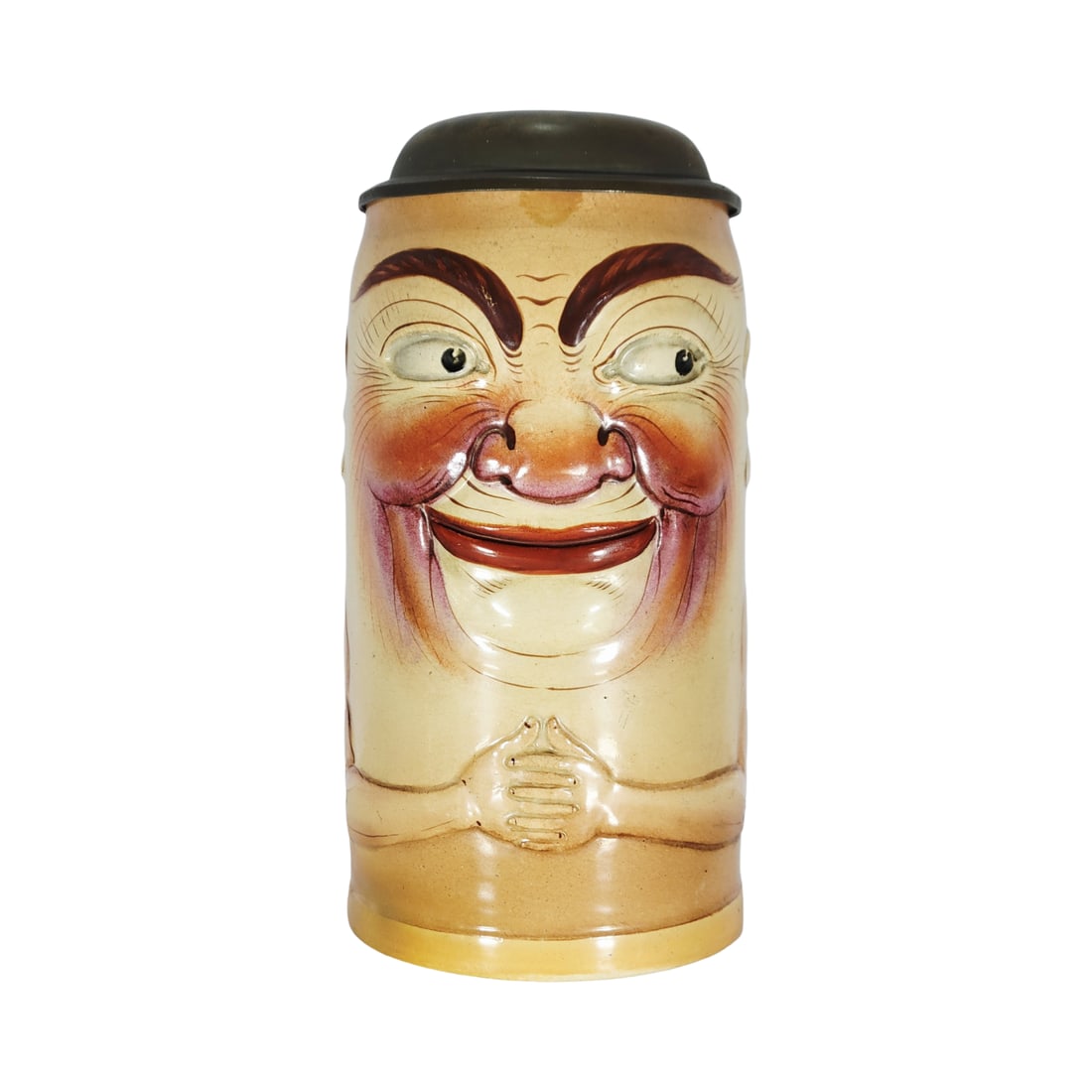 Simon Peter Gerz Stein #1234, German Character Beer Stein, Smiling Face: 1.0 Liter pottery in relief hand painted with pewter lid, circa early 1900