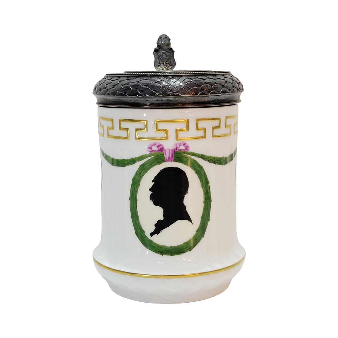 Royal Copenhagen Stein, Danish Beer Stein, Golden Wedding Anniversary of Christian IX and Queen: 1.0 Liter porcelain hand enameled under glaze, gold gilded relief top border above a faceted body and gilded flared base rim above tapered lattuce base, very elaborate unmarked silver lid, circa 1892