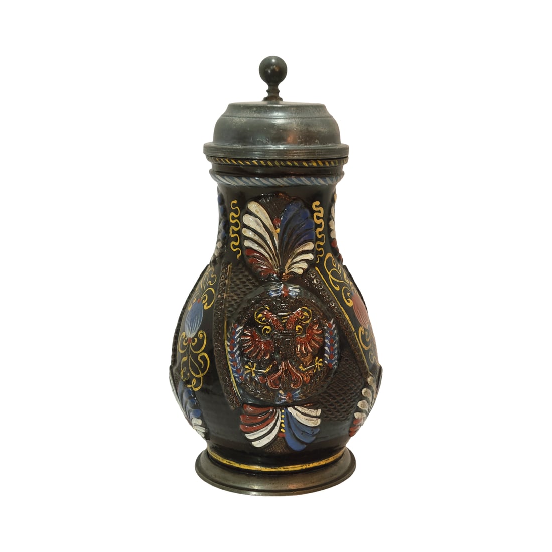 Stoneware Stein, German Beer Stein, Dippoldiswalde Double head Imperial Eagle Stein: 1.0 Liter stoneware in relief and applied florals with scratch designs and hand painted enameling, pewter foot ring and nice pewter lid, circa late 1600's