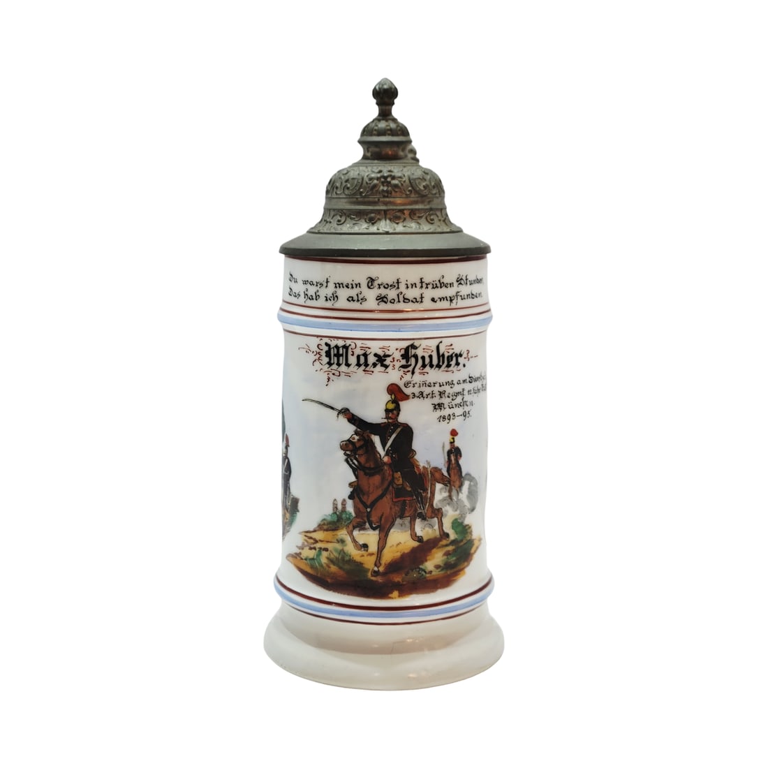 Porcelain Stein, German Regimental Beer Stein, 3.Art.Regt.12.Fahr.Battr.Munchen 1893-1895: 1/2 Liter porcelain hand embellished 3 panels, pewter lid with lithophane, owner Max Huber with a farmer occupational inference, circa 1895