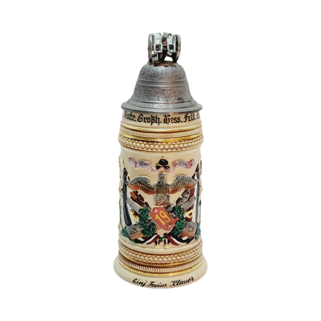Pottery Stein, German Regimental Beer Stein, 2 Battr.Grobh.Hess.Feld.Art.Rgt.No.19. (1 of 15)