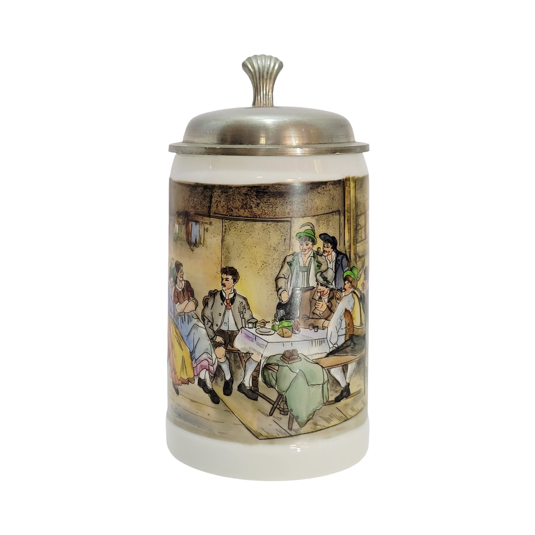 Porcelain Stein, German Beer Stein, Family Table Scene: 1/2 Liter porcelain hand embellished transfer under glaze with pewter lid, circa mid 1980's