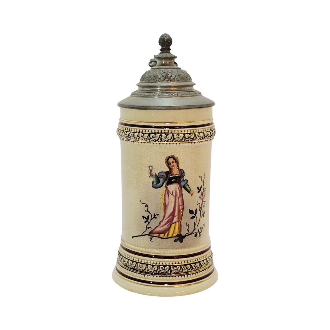 Marzi & Remy Stein, German Beer Stein, Maiden Holding up wine Glass: 1/4 Liter pottery hand painted with very nice pewter lid, circa late 1890's