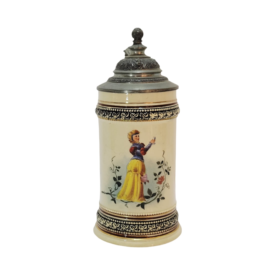 Marzi & Remy Stein, German Beer Stein, Maiden Holding up wine Glass: 1/4 Liter pottery hand painted with very nice pewter lid, circa late 1890's