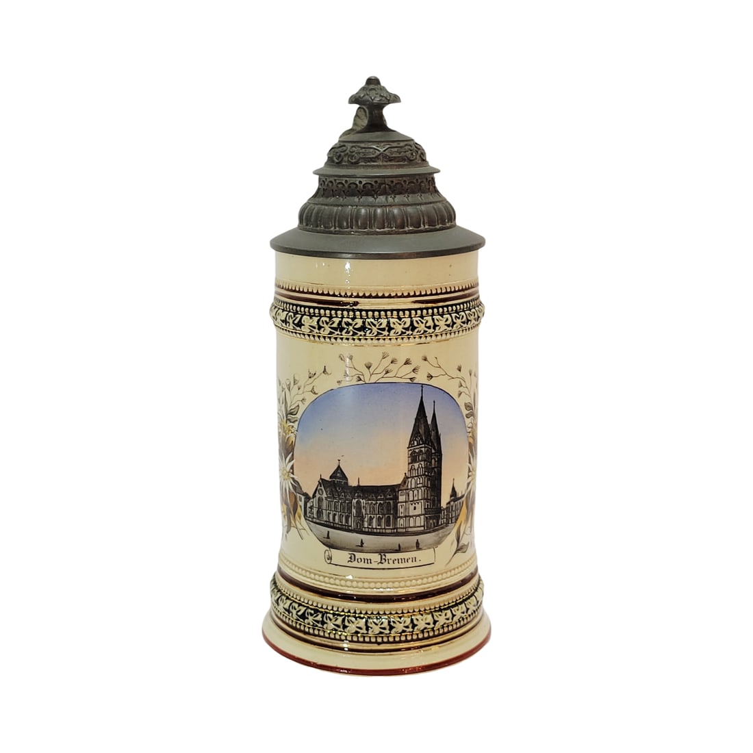 Marzi & Remy Stein, German Beer Stein, Dom-Bremen: 0.3 Liter pottery hand embellished transfer over glaze with very nice pewter lid, circa late 1890's