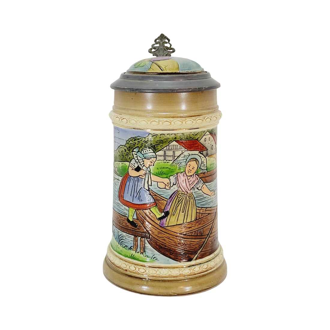 Matthias Girmscheid Stein, German Beer Stein, Boat Scene: 0.4 Litter pottery etched with pottery etched inlay lid, uncommon, circa early 1900
