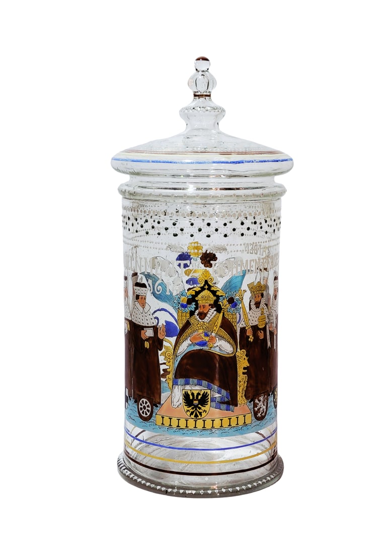 Bohemian Humpen, Southern Germany Humpen, Electors Humpen Dated 1616: 15 1/2" Tall by 7" Wide clear colorless blown glass with bubbles and impurities, under the rolled rim is hand enameled avocado green dots between several horizontal lines of white dots, in between 3 h