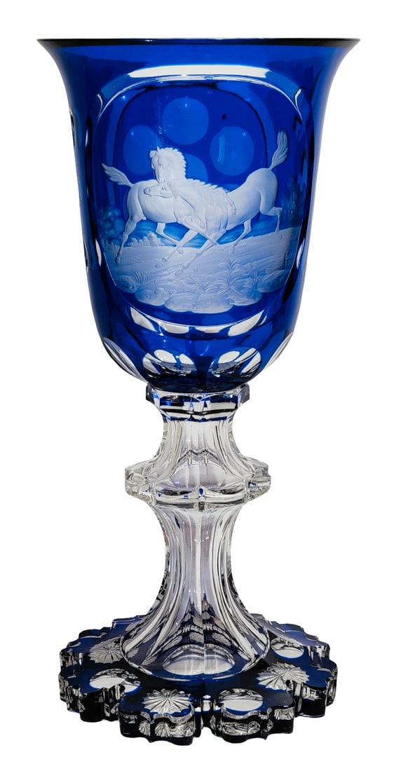 Bohemian Goblet, German Wine Glass, Large Goblet with Horses Fighting (1 of 20)