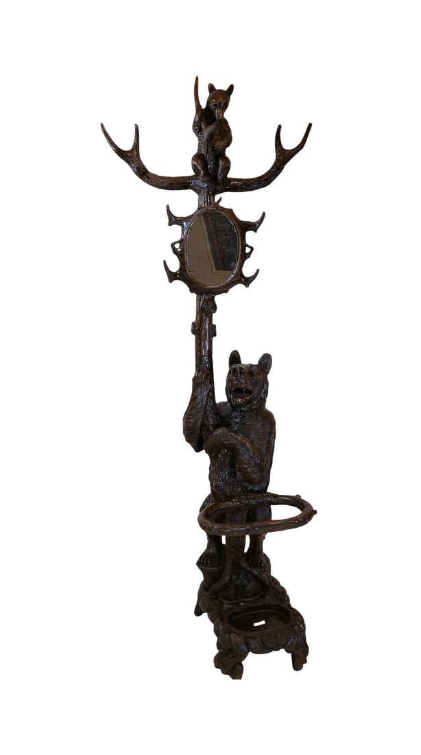 Black Forest Bear Hall Tree, Swiss Linden Wood Tree: 85" Tall by 34" Wide by 24" Deep beautifully hand carved linden wood bear hall tree with mirror, both bears have glass eyes, excellent condition, circa early 1900, This is not a standard shippable ite