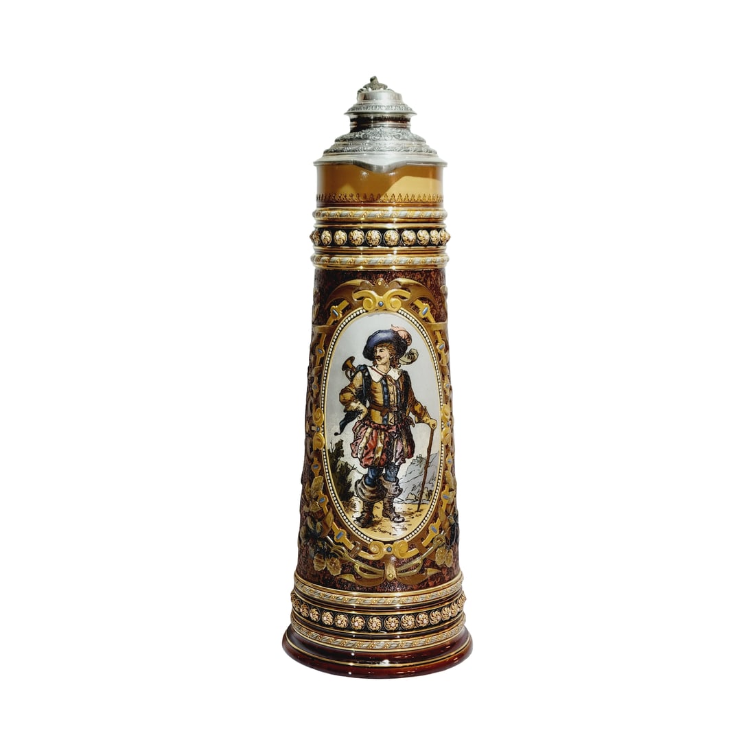 Villeroy & Boch Mettlach Stein #1562, German Beer Stein, Trumpeter of Säckingen: 5.7 Liter pottery etched in relief with very nice oval inset depicting a Landsknecht resting on his cane, both sides have applied all the tools that were used in fights in medieval times, the base and