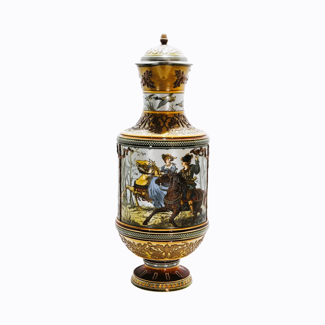 Villeroy & Boch Mettlach Stein #1690, German Beer Stein, Hunter's Stein: 4.5 Liter pottery etched and applied relief with 3 panels, front panel depicts hunter and maiden on horseback with hunter holding bird, side panel depicts hunter and son, hunter is blowing horn with s