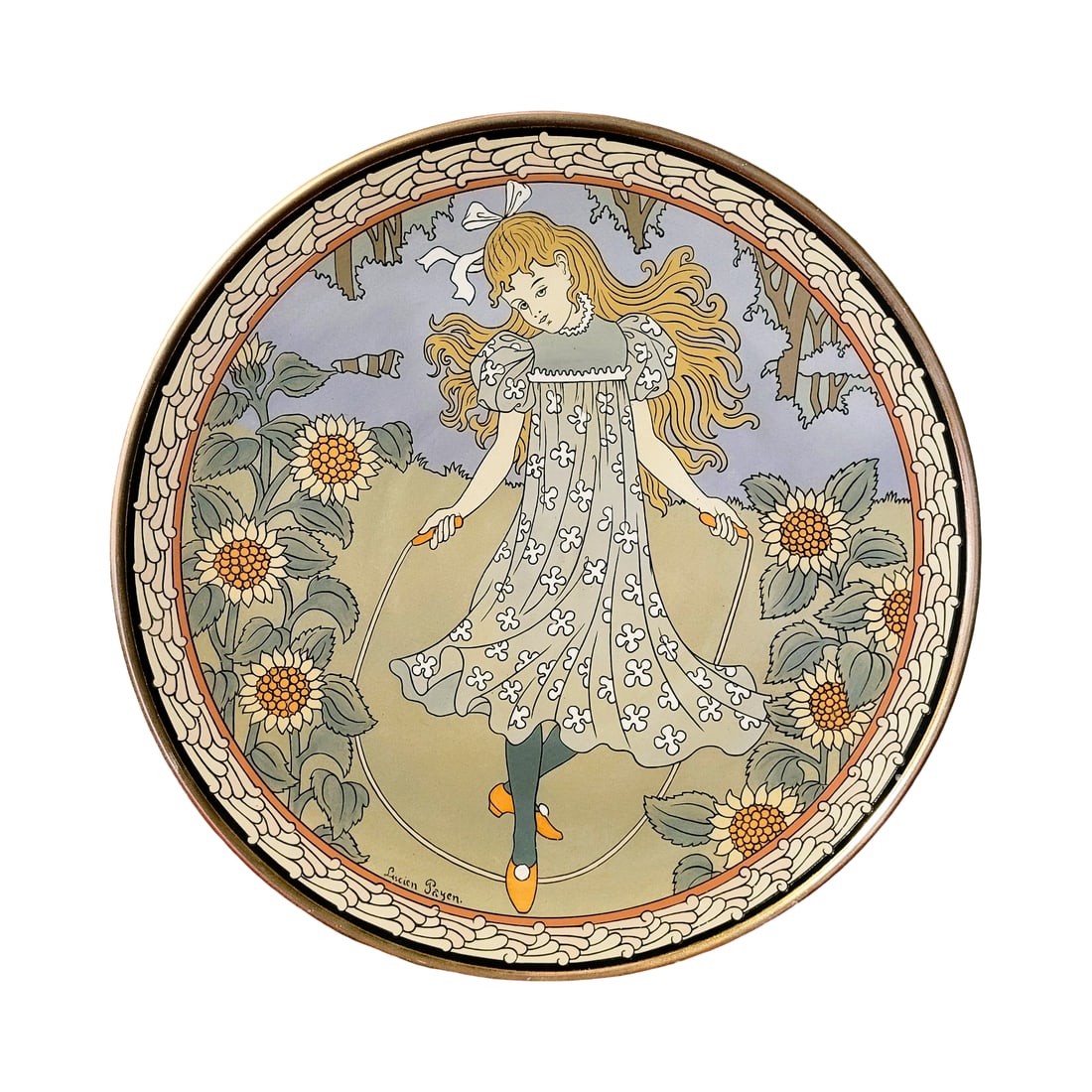 Villeroy & Boch Mettlach Plaque #2591, German Decorative Plaque, Little Girl Jump Roping - Very Rare: 15 1/2" Wide pottery etched depicting a young girl jumping rope, signed by Lucien Payen, this is the only one I have ever seen and I have only seen its' mate one time offered in Germany, very rare pla